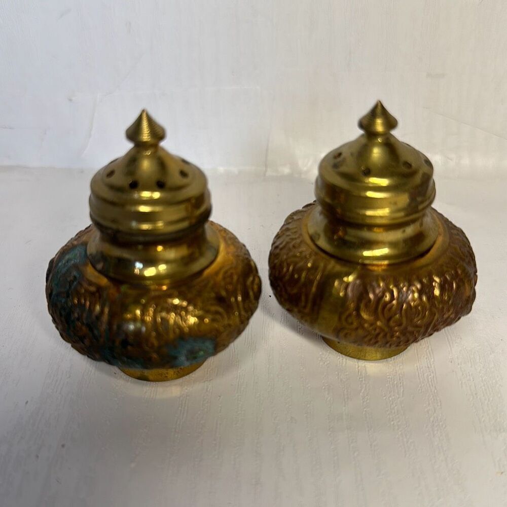 Vintage Brass Salt and Pepper‎ Shakers Patina on 1